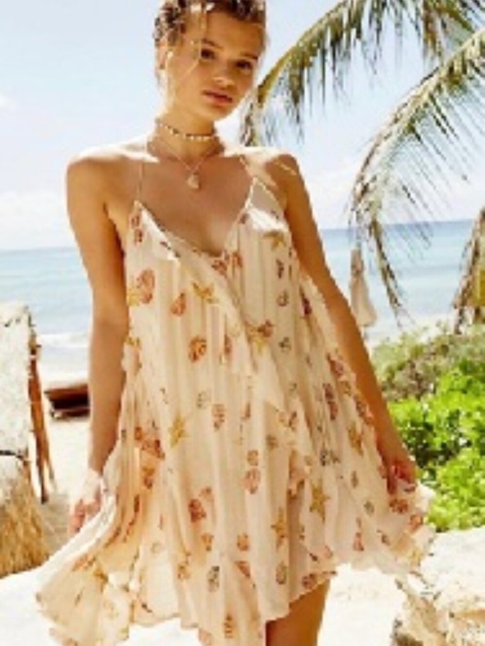 FREE PEOPLE VINTAGE SEASHELLS AND STARFISH PRINT SUMMER SLIP DRESS